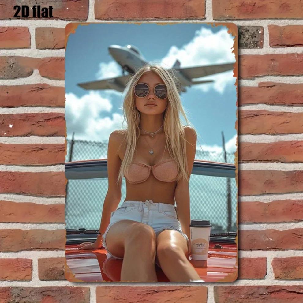 Vintage Aviation Metal Wall Art 8x12 Inch, Retro Plane & Bikini Girl Poster, Easy To Hang Iron Decor for Bedroom Living Room Hom