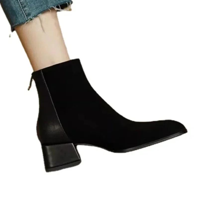 Podzim Zima Dámské Boty Hranatá Špička Robustní Podpatek Dámské Boty Kotníkové Boty pro Ženy Zimní Platforma Semišové Boty Zapatos