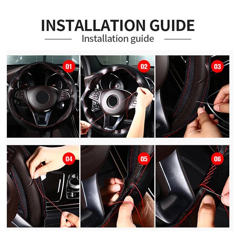 PU Leather Steering Wheel Cover 37-38cm Universal DIY Braided Car Steering Wheel Protector with Needles and Thread