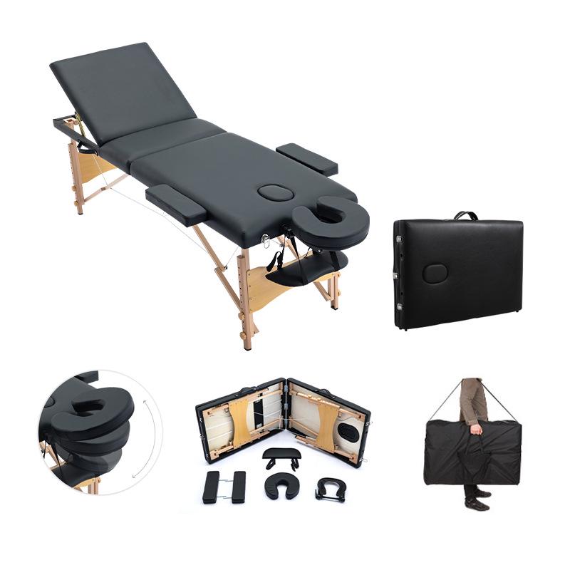 Pat de Masaj Portabil Negru, Pliabil în Trei, din Lemn - Pat pentru Fizioterapie Medicină Tradițională Chineză