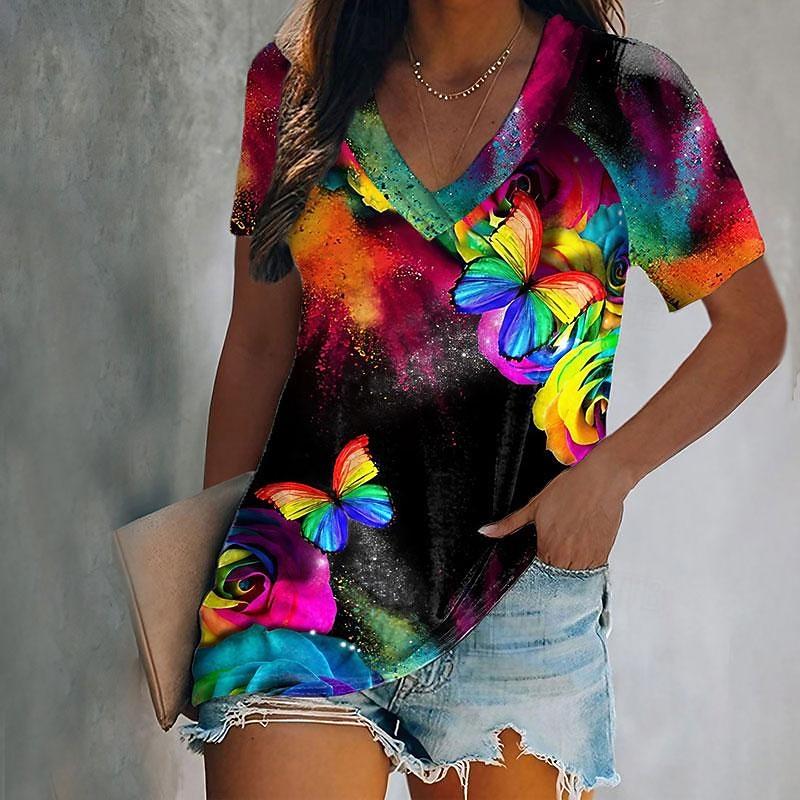 Women s T Shirt Basic Butterfly Print Short Sleeve Regular Tops V Neck Daily Weekend Yellow Blue Light Blue Summer S