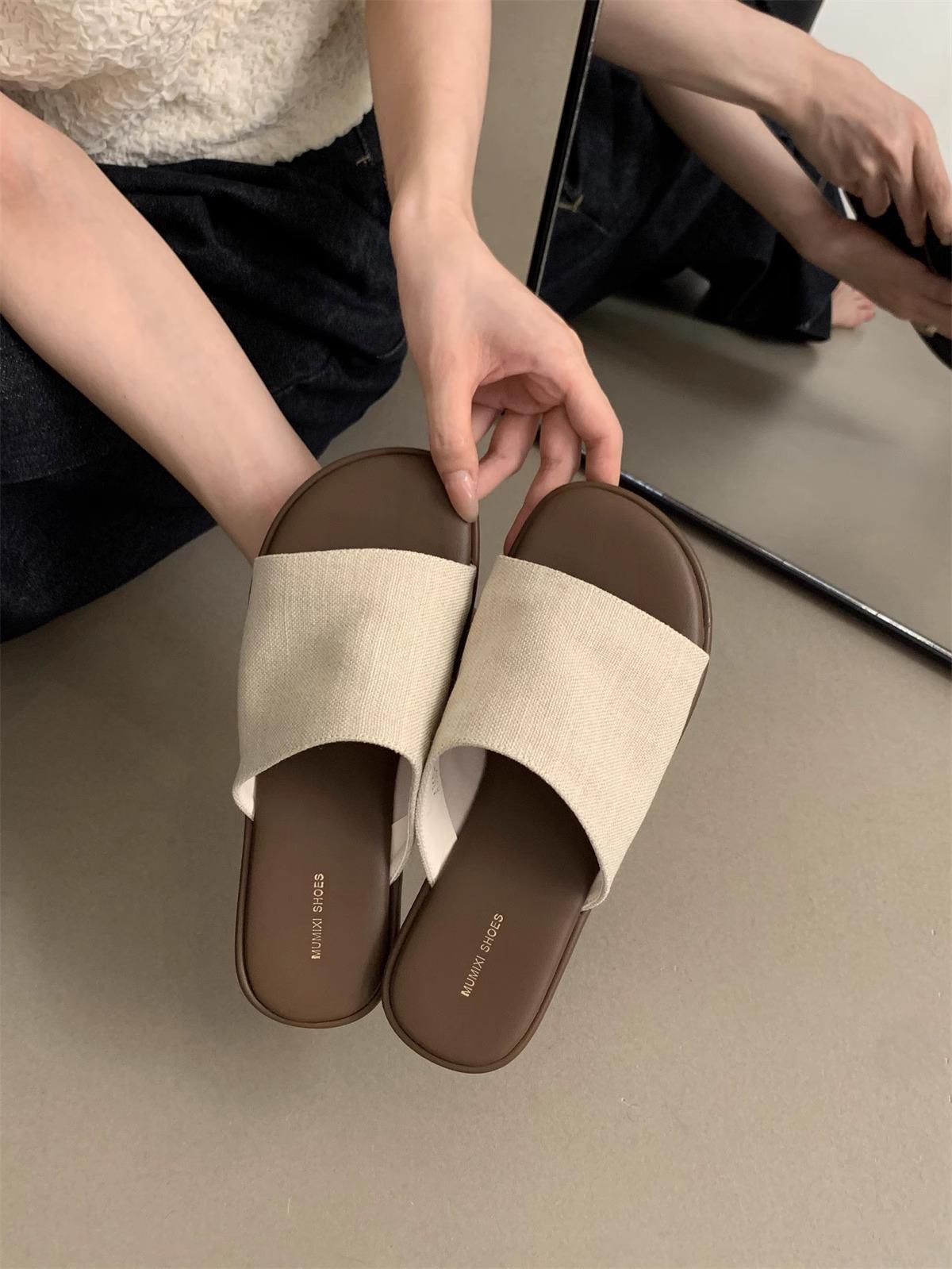 

Linen slippers women s summer wear new women s Korean sandals retro casual fairy vacation flat beach shoes 39 коричневый