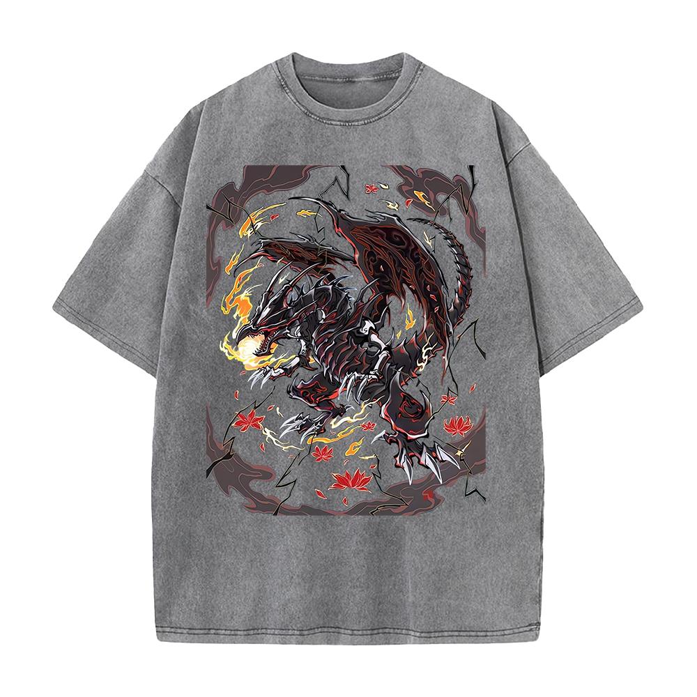 Anime T-shirt Red Eyes Black Dragon Short Sleeve Tee Shirt Vintage Summer Washed Pure Cotton Tops Men's Clothing