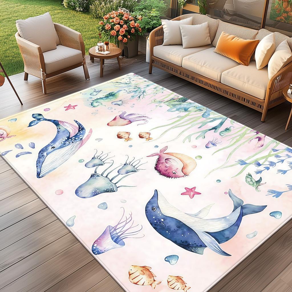 Underwater Ocean Life Watercolor Rug Crystal Velvet Carpet Sea Creatures Whale Jellyfish Dolphin Floor Mat Kids Room Decor Soft