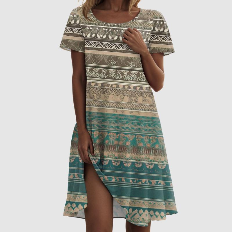 Damenkleid Blumendruck Oversized Strandkleid Kurzarm Rundhalsausschnitt Midikleid Unregelmäßiger Saum Elegant Locker Knielanges Kleid