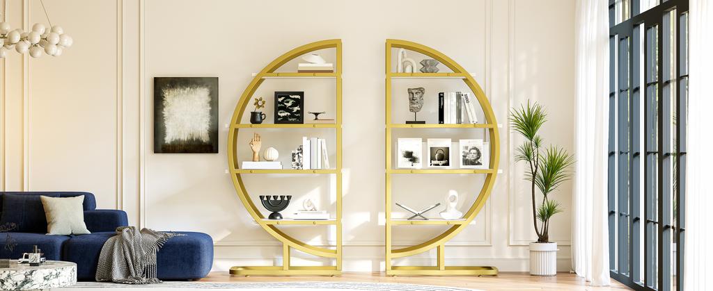 120×30×130 Cm Round Arch Standing Shelf – 2-Piece Metal Bookshelf with Gold Frame & 4 White MDF Shelves, for Living Room, Kitchen & Decoration