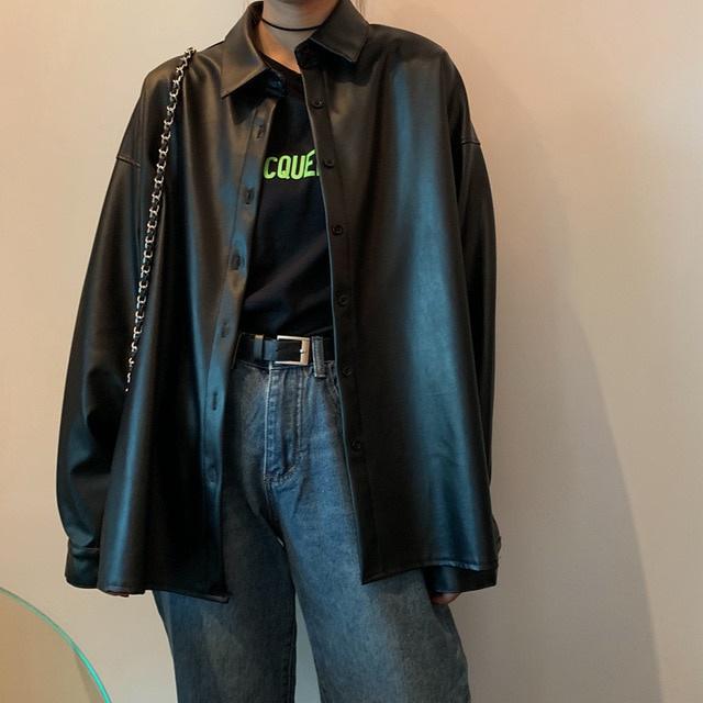 

Women Oversized Pu Leather Blouses 2026 Spring Autumn Black Faux Leather Basic Coat Turn-down Collar Motor Biker Jacket XL чорний