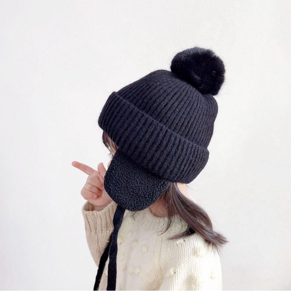 Ear Protection Pompom Beanie with Earflap Plush Wool Cap All-match Children Knitted Hat  Boy