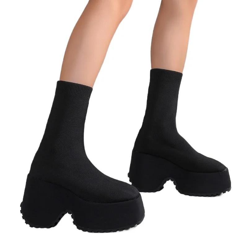 2024 Kadın Ayakkabıları Mesh Mid-Calf Kadın Botları Platform Modern Botlar Kadın Yuvarlak Burunlu Yüksek Topuklu Ayakkabılar Giyilebilir Büyük Beden Bayan Ayakkabıları