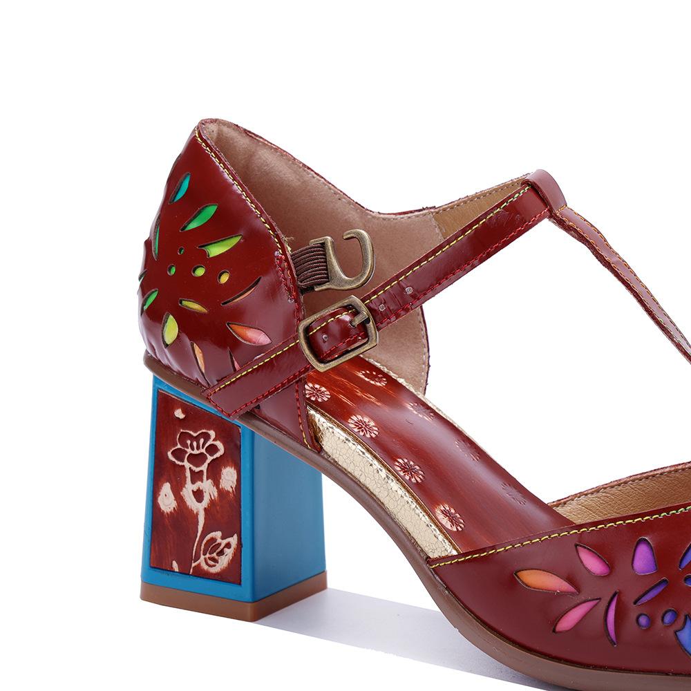 Johnature Genuine Leather Handmade Hollow Flower High Heel Sandals Retro Square Heel Women's Shoes