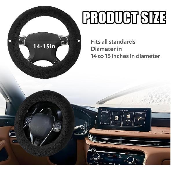 Wuyaoyao Fuzzy Car Steering Wheel Cover, 15'' Soft Auto Steering Wheel Protector For Warm Winter, Elastic Anti-Slip Fluffy Wheel Covers, Car