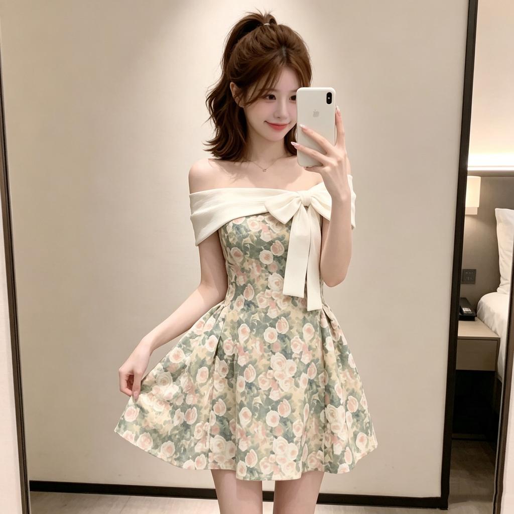 French retro romantic dress sweet shoulder small man waist floral holiday style beautiful short skirt