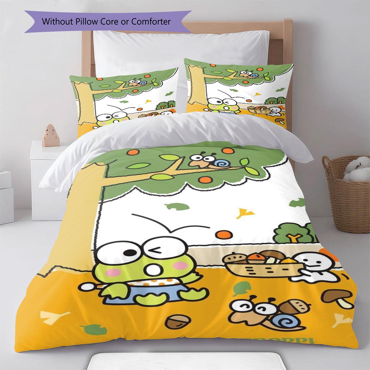Lovely Creative Keroppi Themed Bedding Set 3PCS Cute Frog Pattern Duvet Cover Set Soft Bed Linen for Kids Dorm Bedroom Decor 135x200cm