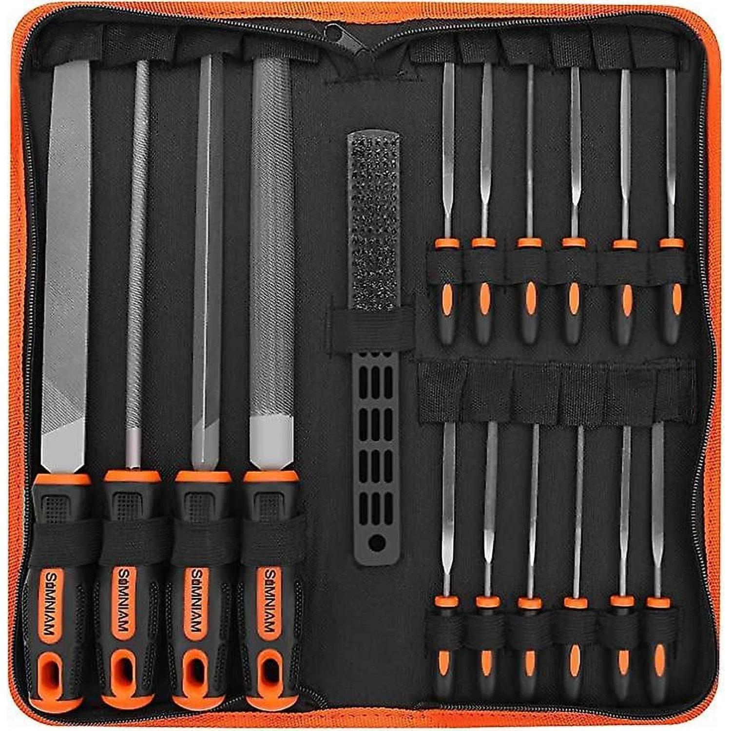 18Pcs Professional Files Set, Premium T12 Metal Files with Suitcase, Flat/Triangle/Half-Round/Round Large Files 18-Pack оранжевый