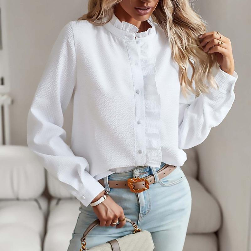 Women S Stand Collar Ruffled Long Sleeve Striped Shirt S