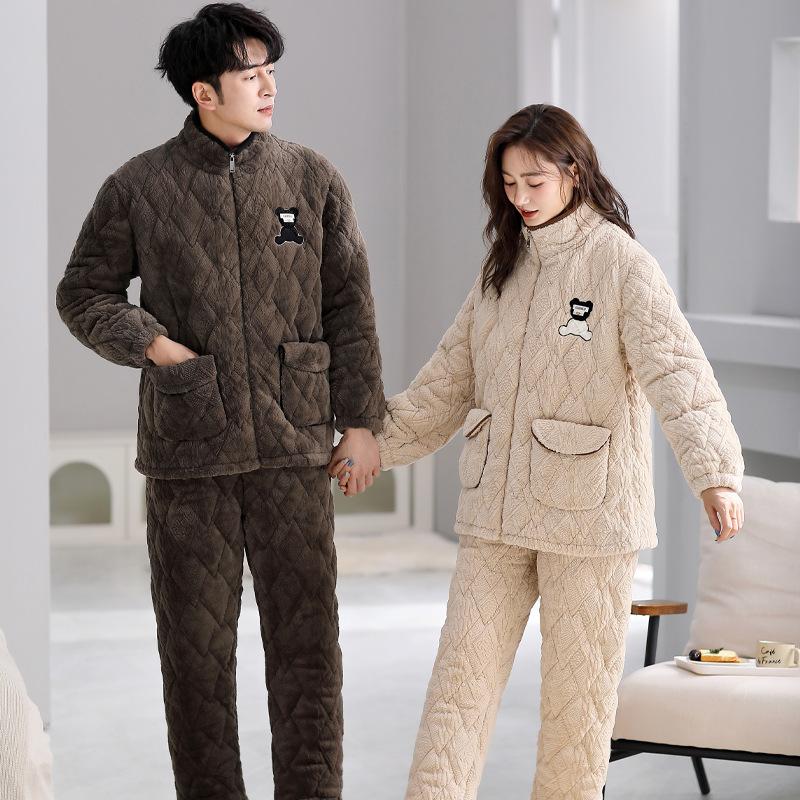 Paar Schlafanzüge Winter Damen Korallenfleece Herren Winterfleece Verdickt Dreilagig Gepolsterte Jacke Rollkragen Loungewear Set