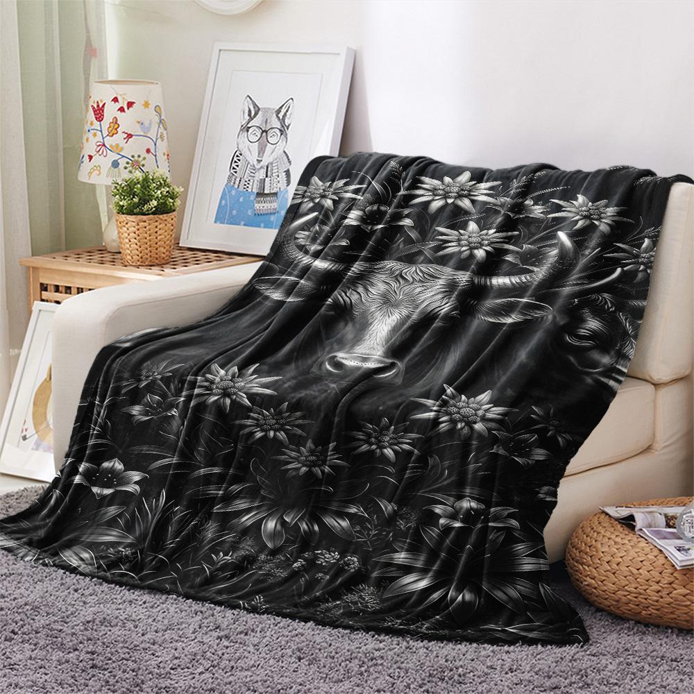 1PC High Mountain Cattle Print FlAannel Blanket, High quality Comfortable for All Seasons, Home Decor, Warmth and Comfort