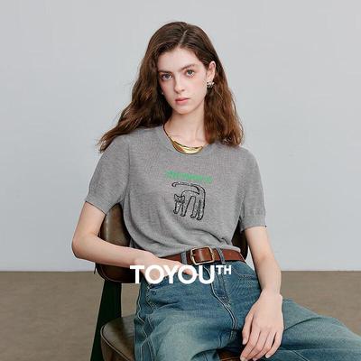 Chuyu 2025 Summer Women's Letter Cat Jacquard Faux Linen Knit Short Sleeve Top