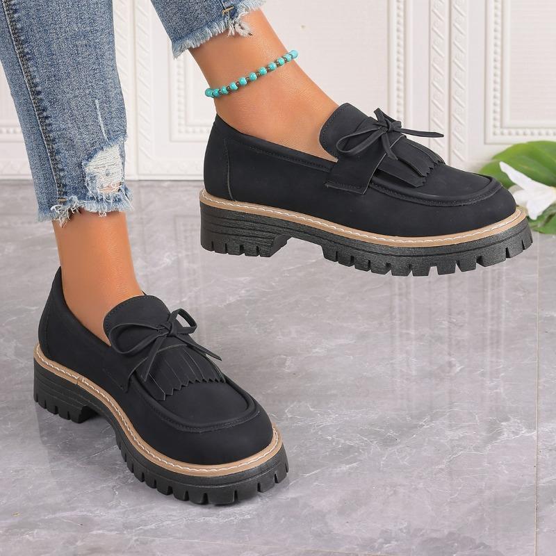 Women's Chunky Single Shoes Spring New Round Head Deep Mouth Suede Butterfly Knot Thick Sole Non-slip Loafers