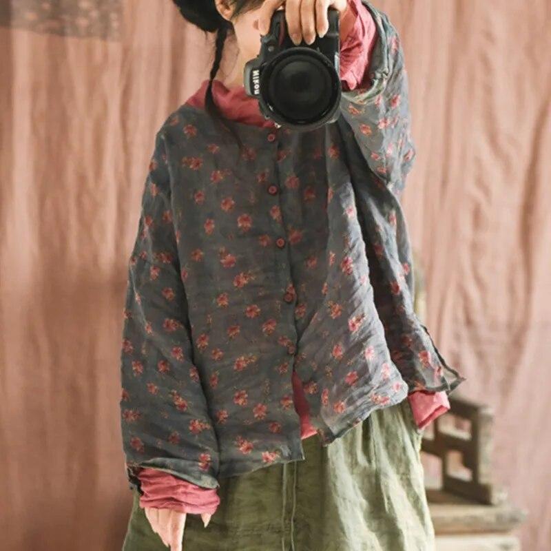 

Johnature женские винтажные рубашки с цветочным принтом, топы Ramie, блузки высокого качества, весенние повседневные рубашки с круглым вырезом и длинными рукавами One Size серый