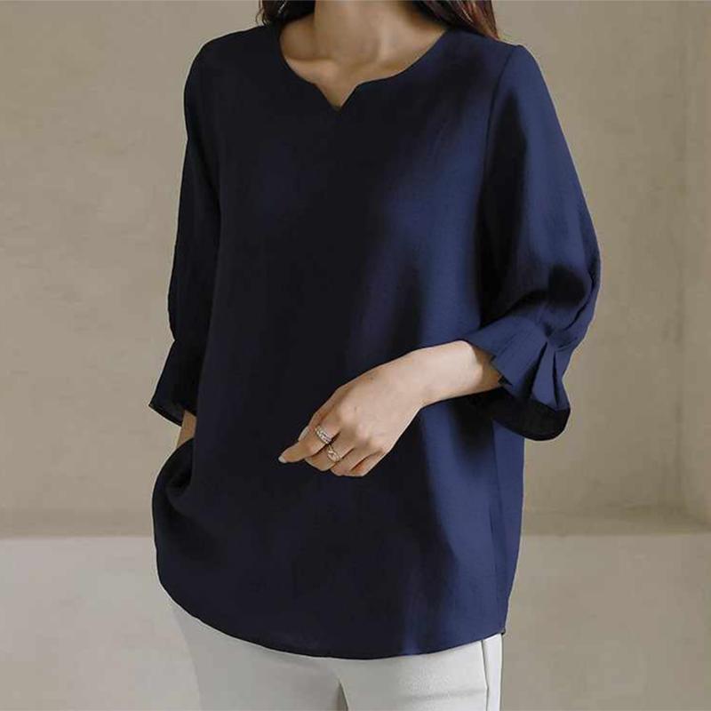 ZANZEA Women Casual V-Neck Solid Color Loose 3/4 Sleeve Blouse