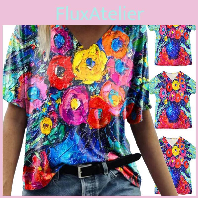 Summer Casual T Shirt With Floral Print And V Neck For Women