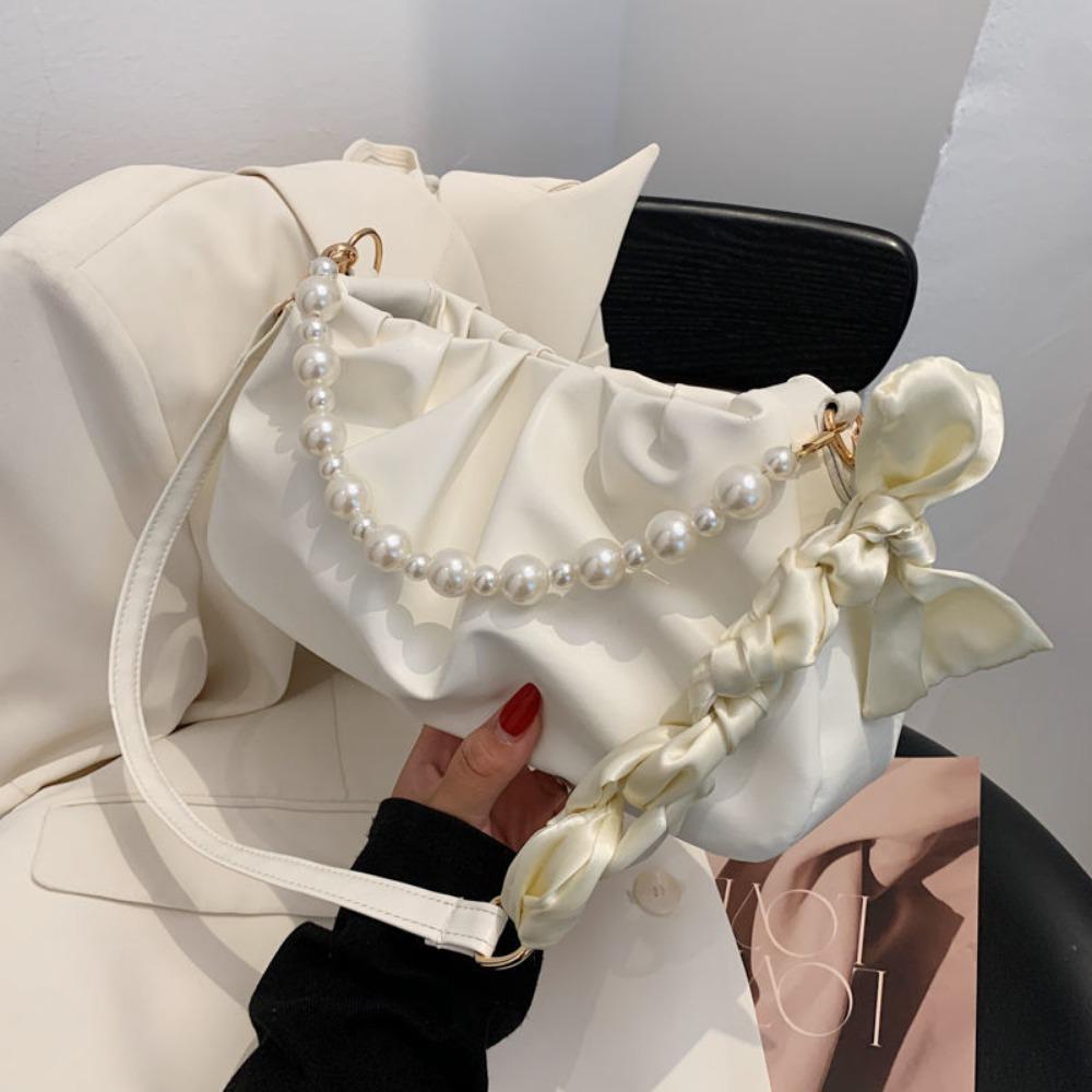 Fashion Pleated Shoulder Bag PU Leather with Pearl Cloud Underarm Bags Small Handbags Women Purse
