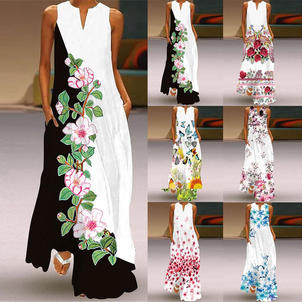 Floral Stripes Print Sleeveless Maxi Dress