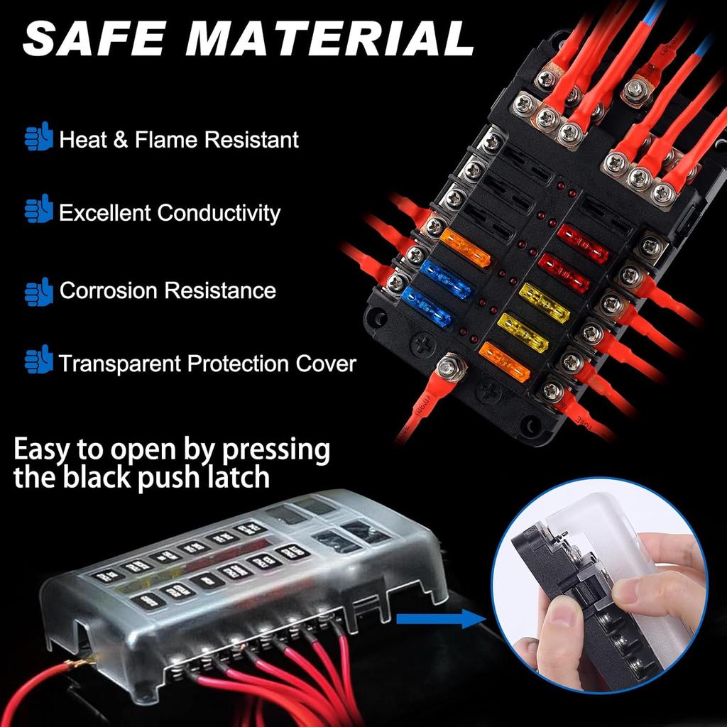 Fuse Block, 12v Fuse Box Holder with Led Indicator Waterproof Cover, Cyrico 12 Circuits Panel with Negative Bus for 12V/24V Automotive Car Truck Boat