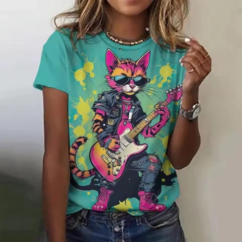 Summer Fashion Women's Animal T Shirt Stylish Kawaii Cat Printed Casual Short Sleeve Crew Neck Tees Round Neck Regular Tops