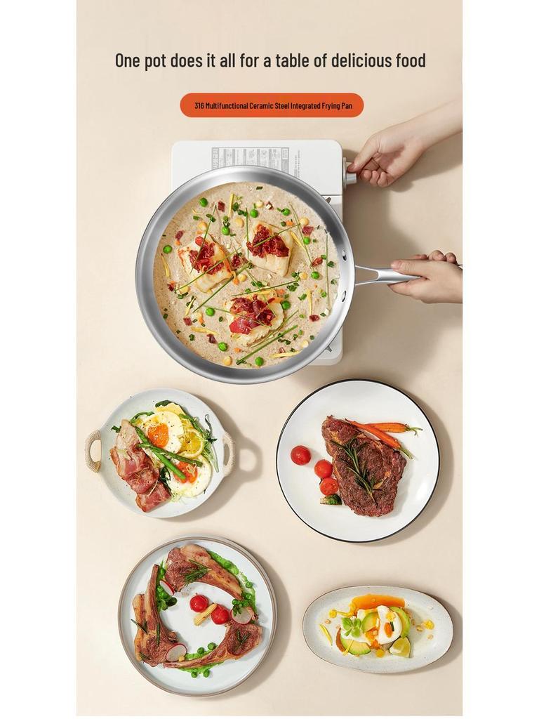 316 Stainless Steel Ceramic Flat-Bottom Non-Stick Wok and Frying Pan for Gas and Induction Cookers