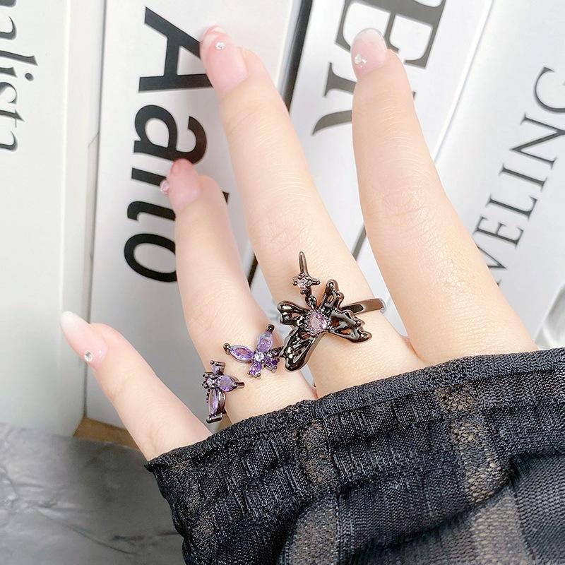 [Butterfly Purple Que] Dark Butterfly Purple Diamond Punk Personality Open Ring Spice Girls Stack Niche Design Rings