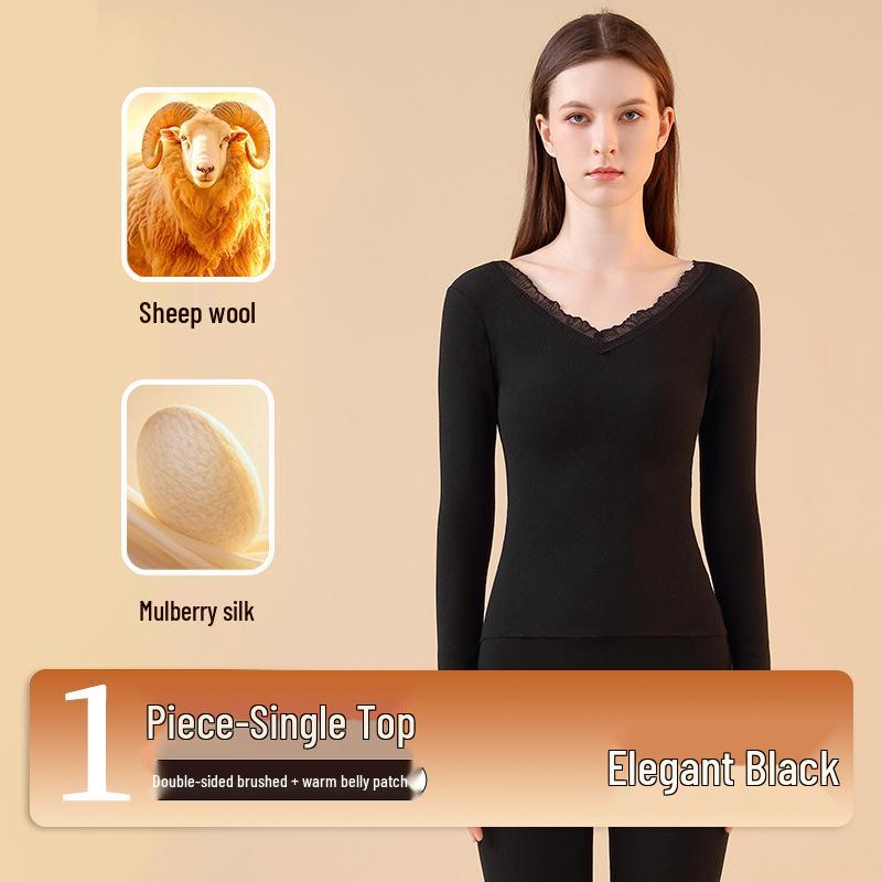 Women's Lace V-neck Warm Lingerie Set: Seamless Slimming Antibacterial Base Layer for Autumn and Winter