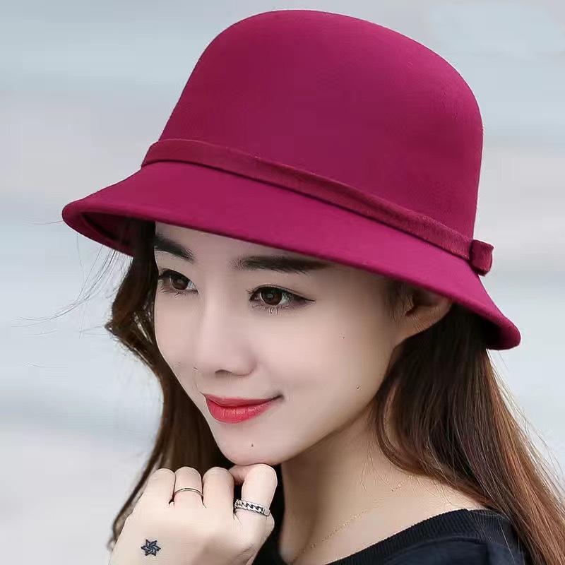 Осенне-зимняя шляпа-ведро с французским бантом для женщин, милая фетровая шляпа со складчатой формой вино красного