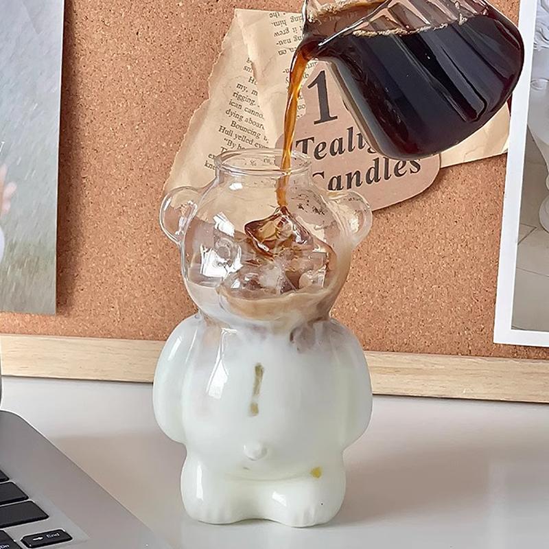 Cartoon Bear Shaped Coffee Mug Cute Bear Mug Glass Cup With Straw Transparent Creative Glass Juice Cup Milky Tea Cup