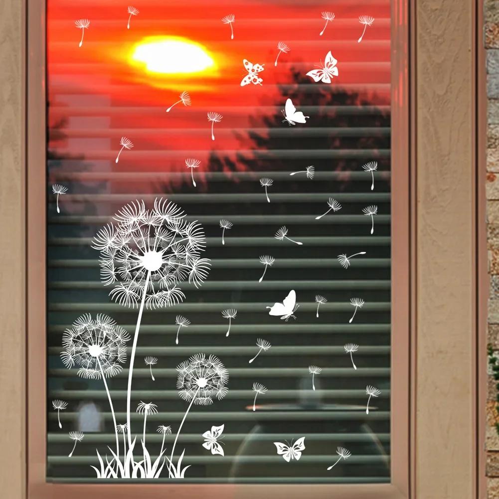White Dandelion Butterfly Electrostatic Wall Sticker Glass Window Decoration Double Sided Pattern Decals Home Decor Wallpaper