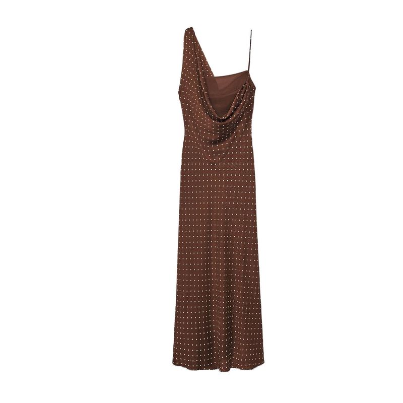 

Autumn New Women s Clothing Vacation Style Patchwork Lining Ruched Neckline Asymmetric Length Dress 3152274 Brown L