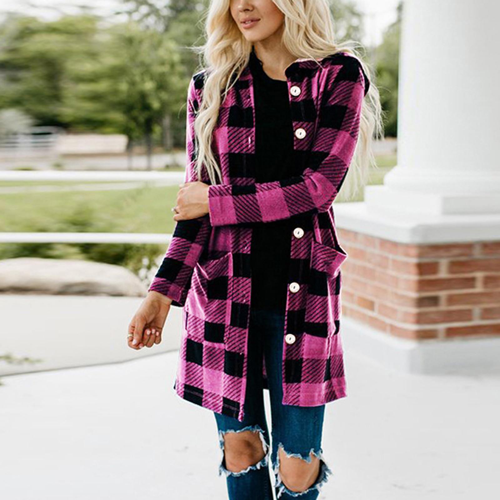 

Модные женские повседневные карманы с решетчатым принтом и длинными рукавами, куртка, пальто S красный