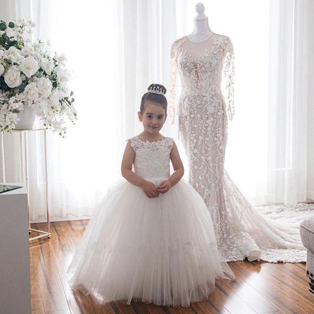 White Bridesmaid Dresses Girls Flower Girl Dresses Ball Gown Kids Wedding Party Pageant First Communion Gown Big Bow Sleeveless