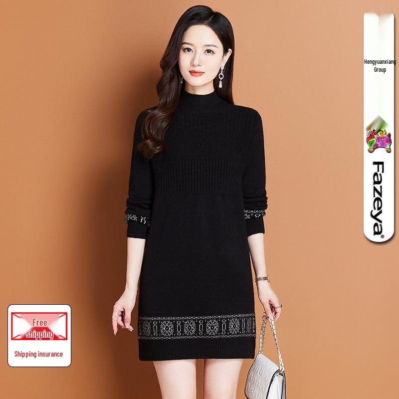 

Зимнее женское трикотажное платье миди из шерсти с полувысоким воротником для многослойности осенью/зимой. L 110 чёрный