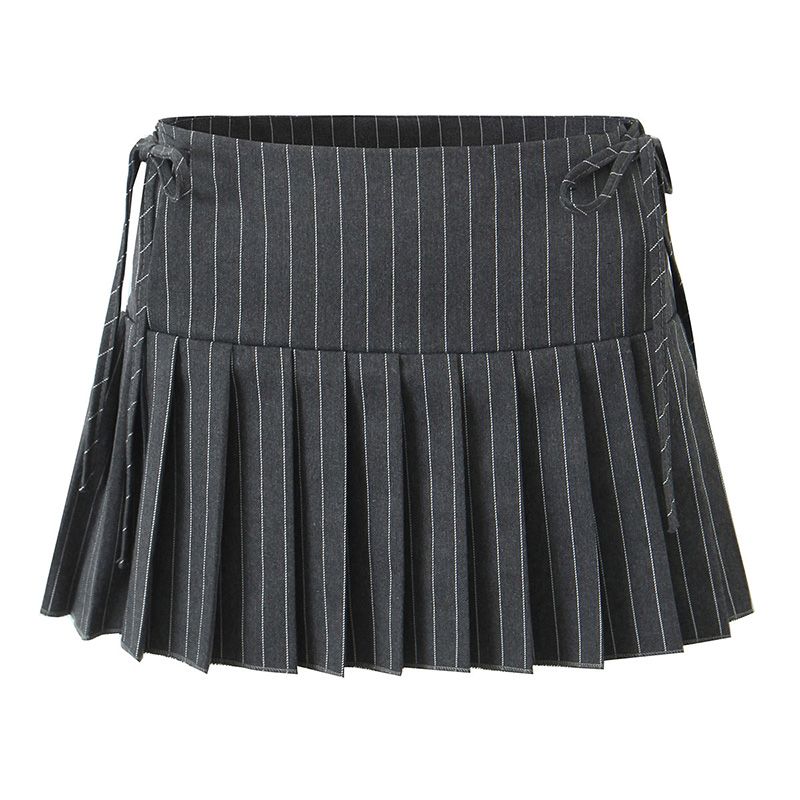 Silence Noise Sweet Cool Style Sexy Waist Tether Plaid Pleated Skirt Fashion Tape Skirt