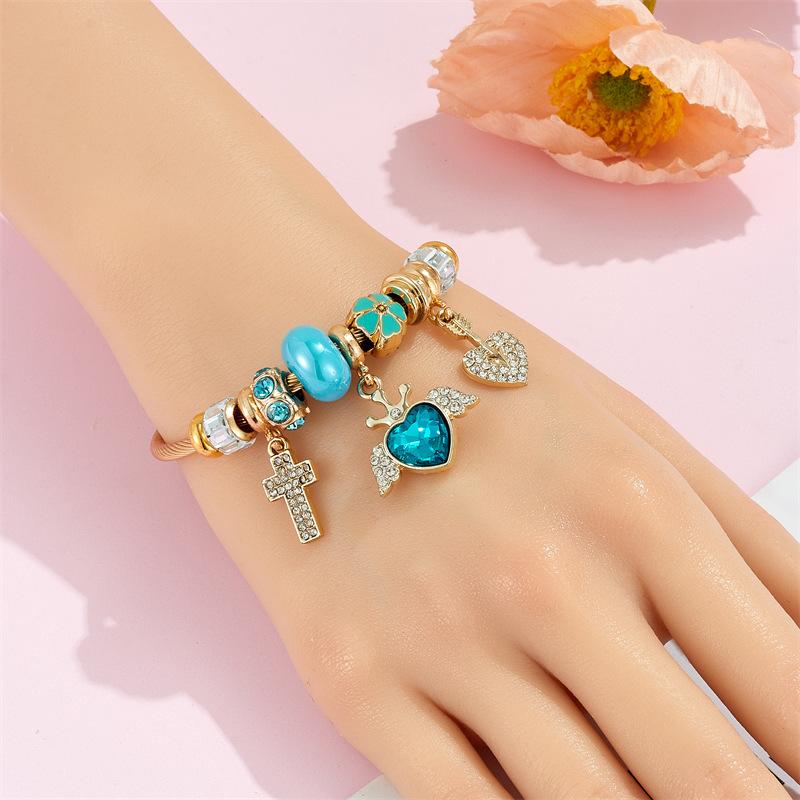 Minimalist Diamond Angel Wing Bracelet Stainless Steel Bangle With Heart Cross Pendant Luxury Jewelry Gift