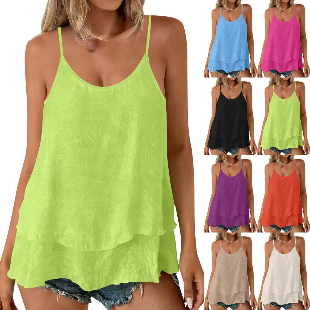 Canottiera Cami Casual da Donna Taglie Forti, Monocolore, Doppio Strato, Svasata, Spalline Sottili
