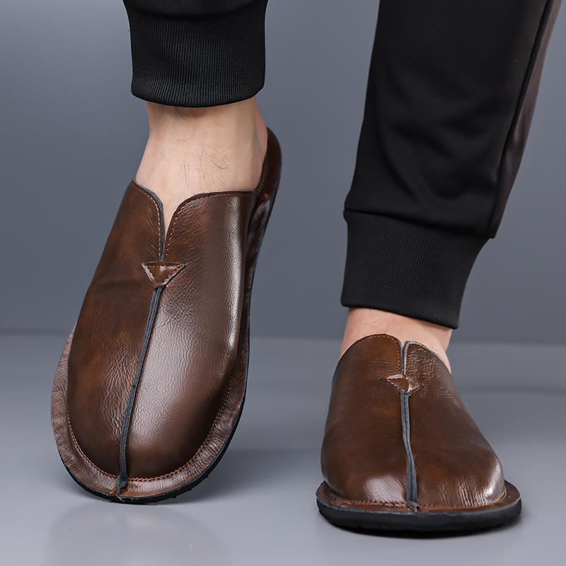 Herren Pantoffeln Handgemacht Einfache flache Sandalen Braunes Leder Schwarze Sommer Römische Sandalen Geschlossene Zehen Strand Schuhe Übergröße
