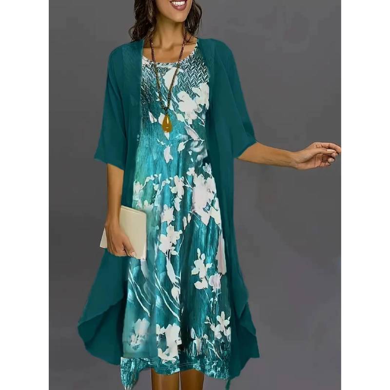 Elegant Polyester Chiffon Twopiece Dress With 3d Print For Spring Fashion