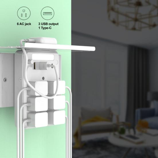 Nástěnný prodlužovací kabel s poličkou Univerzální prostorově úsporný nabíjecí rozbočovač Přepěťová ochrana Prodlužovací kabel s USB porty Nástěnná zásuvka
