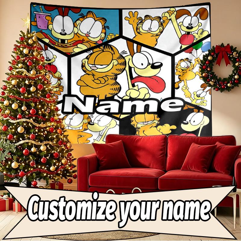 Custom Name Personalized Garfield Print Tapestry, Wall Art Decor, Bedroom, Dorm, Apartment, LivingRoom, Party Backdrop, Gift for Birthday