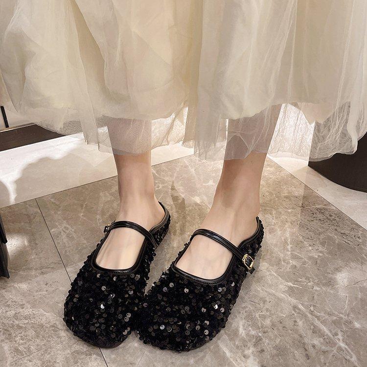Women's Sequins Evening Wind Muller Flat Sandals 2025 New French Beautiful Baotou Half Slippers Women's Exterior Wear
