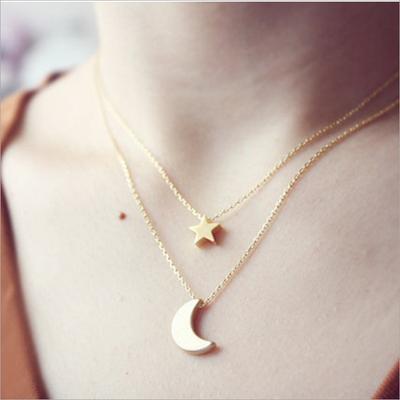 Wholesale Popular, Metal Moon Five-pointed Star Fringed Double-layer Necklace