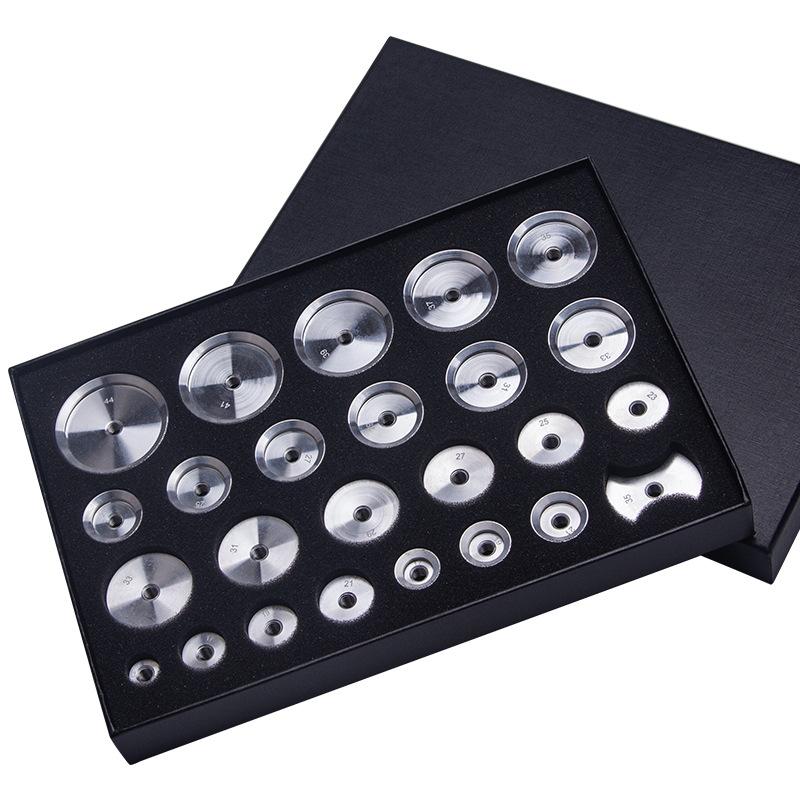 

25 шт. Матрицы для закатки часов Инструмент для прессования задней крышки Пресс Закаточная машина Алюминиевая форма Аксессуары Инструмент для ремонта часов для часовщика чёрный